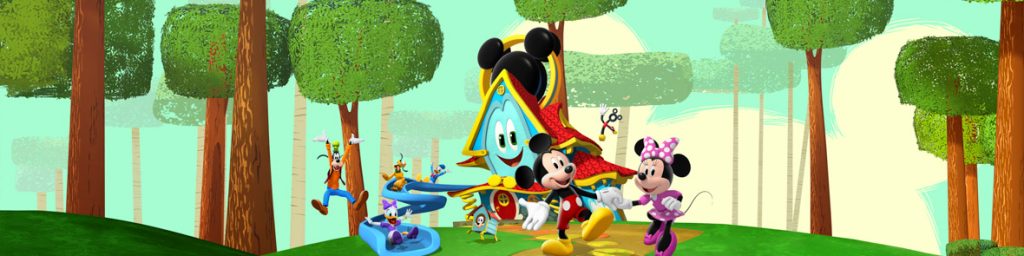 Funny the Funhouse is joined by Goofy, Pluto, Daisy, Donald, Mickey, Minnie, and others in a still from Mickey Mouse Funhouse.