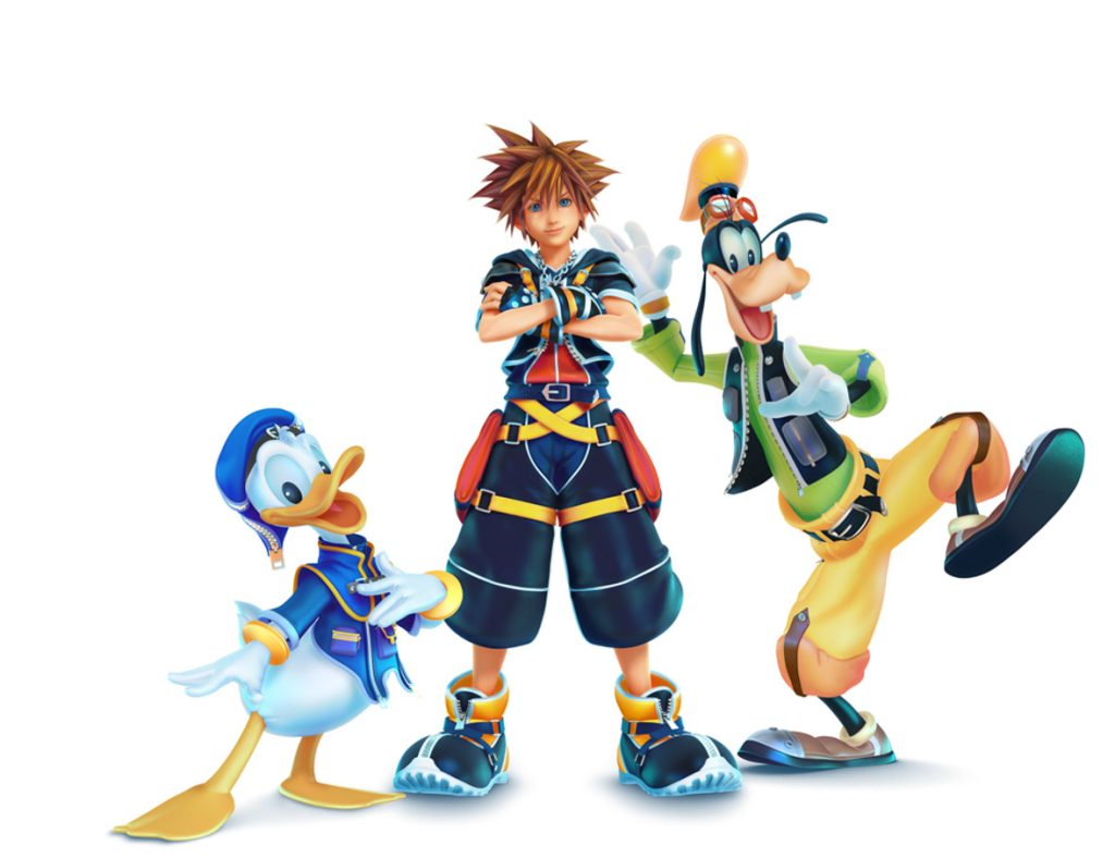 Donald, Sora, and Goofy from the game Kingdom Hearts. Donald is wearing a blue hat and jacket; Sora is wearing a black outfit with yellow straps; and Goofy is wearing a green shirt, black vest, and yellow hat and pants.