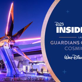 A Xandarian Starblaster ship sits in front of the attraction Guardians of the Galaxy: Cosmic Rewind, with the Monorail and Spaceship Earth both in view in the background. To the right of this image is text stating: “D23 Inside Disney launches Guardians of the Galaxy: Cosmic Rewind at Walt Disney World 50” on a blue background.