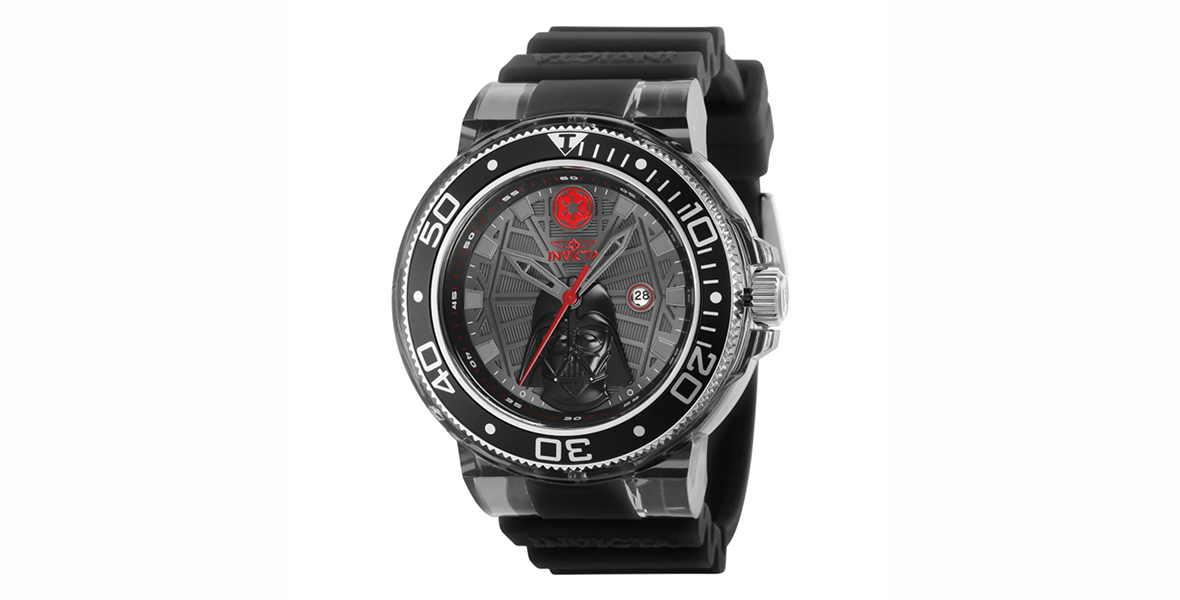 A black wristwatch with an illustration of Darth Vader’s helmet on the face.