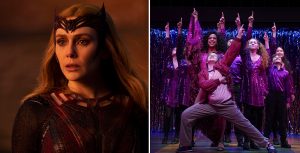 Wanda Maximoff (Elizabeth Olsen) looks to the left as she stands in shadows wearing a maroon costume as The Scarlet Witch in Marvel Studios’ Doctor Strange in the Multiverse of Madness. (Holden Hagleberger) stands with his arms extended in front of a group of dancers in a number from Trevor: The Musical.