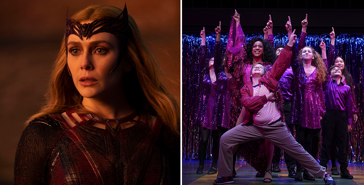 Wanda Maximoff (Elizabeth Olsen) looks to the left as she stands in shadows wearing a maroon costume as The Scarlet Witch in Marvel Studios&rsquo; Doctor Strange in the Multiverse of Madness. (Holden Hagleberger) stands with his arms extended in front of a group of dancers in a number from Trevor: The Musical.