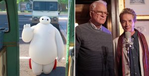 Baymax looks through ajar bus doors and waves at the bus driver in a still from the series Baymax!, Charles (Disney Legend Steve Martin) and Oliver (Martin Short) stand near a microphone in the Hulu Original series Only Murders in the Building.