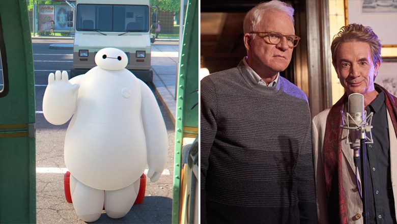 Baymax looks through ajar bus doors and waves at the bus driver in a still from the series Baymax!, Charles (Disney Legend Steve Martin) and Oliver (Martin Short) stand near a microphone in the Hulu Original series Only Murders in the Building.