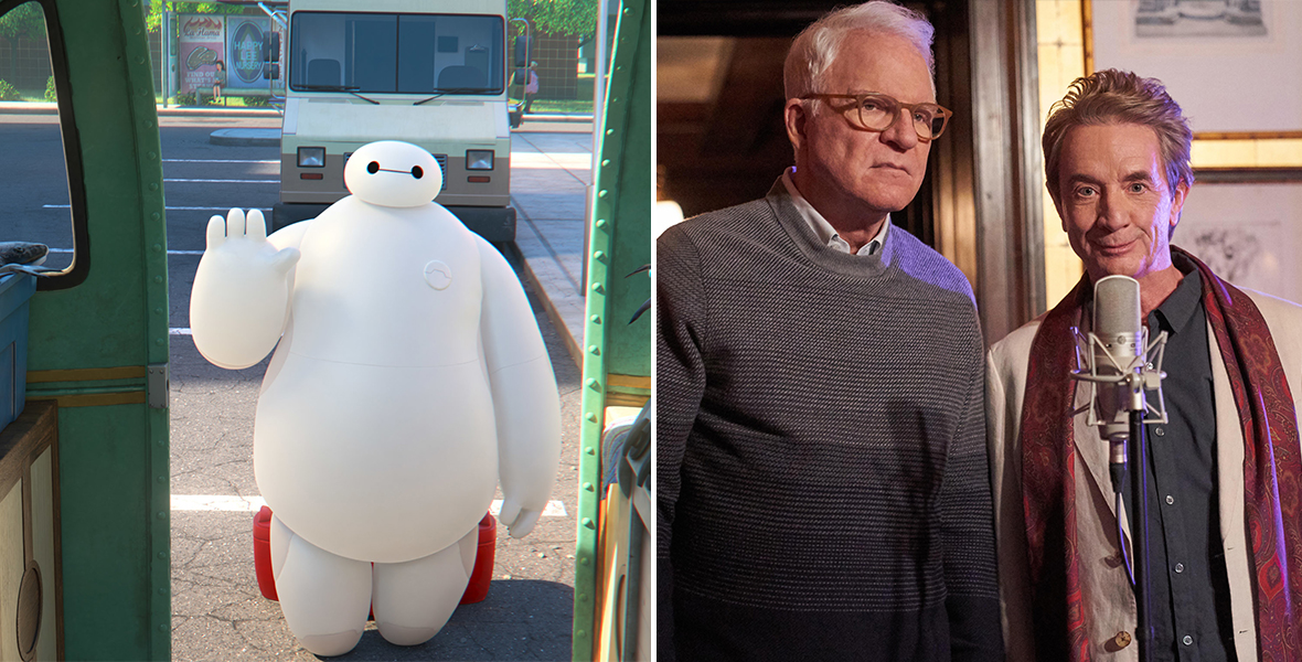Baymax looks through ajar bus doors and waves at the bus driver in a still from the series Baymax!, Charles (Disney Legend Steve Martin) and Oliver (Martin Short) stand near a microphone in the Hulu Original series Only Murders in the Building.