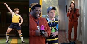Holden Hagelberger (Trevor) strikes a disco pose in the filmed Off-Broadway production of Trevor: The Musical., Zach (Larry Owens) and Jacob Hill (Chris Perfetti) hold souvenirs from the zoo gift shop on ABC comedy series Abbott Elementary., len (Tien Tran) stands in an apartment hallway while talking on the phone excitedly in Hulu Original series How I Met Your Father.