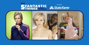 Sue Sylvester (Jane Lynch) from the TV series Glee stands in a colorful tracksuit in front of a bright green background holding her whistle, Melanie (Reese Witherspoon) stares off into the distance while trying on wedding gowns in the movie Sweet Home Alabama, Jane (Katherine Heigl) tries on past bridesmaids dresses in the movie 27 Dresses