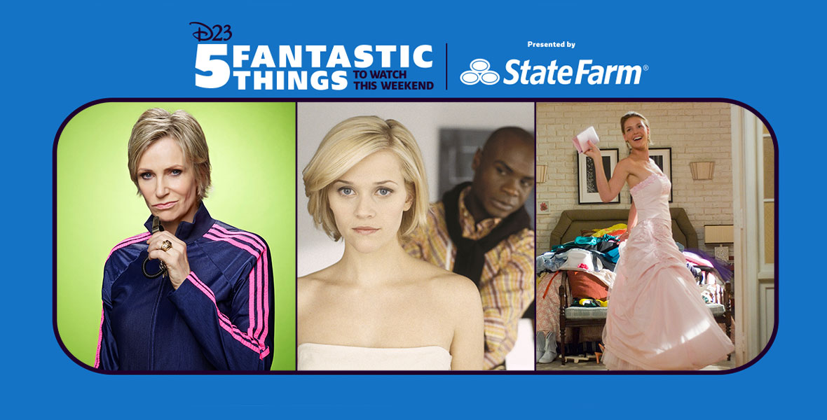 Sue Sylvester (Jane Lynch) from the TV series Glee stands in a colorful tracksuit in front of a bright green background holding her whistle, Melanie (Reese Witherspoon) stares off into the distance while trying on wedding gowns in the movie Sweet Home Alabama, Jane (Katherine Heigl) tries on past bridesmaids dresses in the movie 27 Dresses
