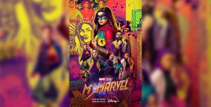 The cast and crew of Ms. Marvel gathers for a picture on the red carpet for the series premiere at the historic El Capitan Theatre in Hollywood.