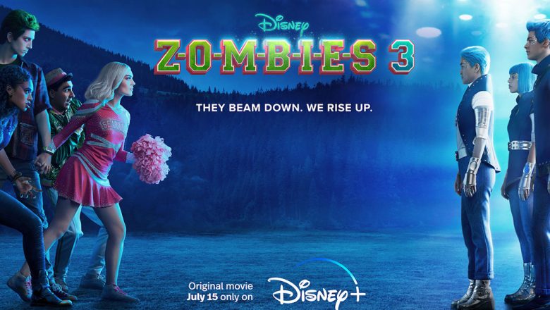 In a promo image for ZOMBIES 3, Milo Manheim as zombie Zed (with green hair) and Meg Donnelly as cheerleader Addison (in her cheer uniform) stand on one side, and three aliens all dressed in futuristic outfits, including Matt Cornett as A-lan, standing on the other side under the bright lights of a spaceship. There are tree-covered hills in the background.