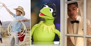 The Hernandez Family reconnects during a series of fun games on a journey in the desert on the series Family Reboot. A child wearing a cowboy hat uses a lasso while standing in the desert alongside his mother who also has a lasso., A close-up photo of Kermit the Frog sitting at the broadcast desk on Holey Moley. He is wearing a headset and looking at one of his cohosts., Rahim (Anthony Keyvan) looks out the window while wearing a white suit and black tie in an episode of Love, Victor.