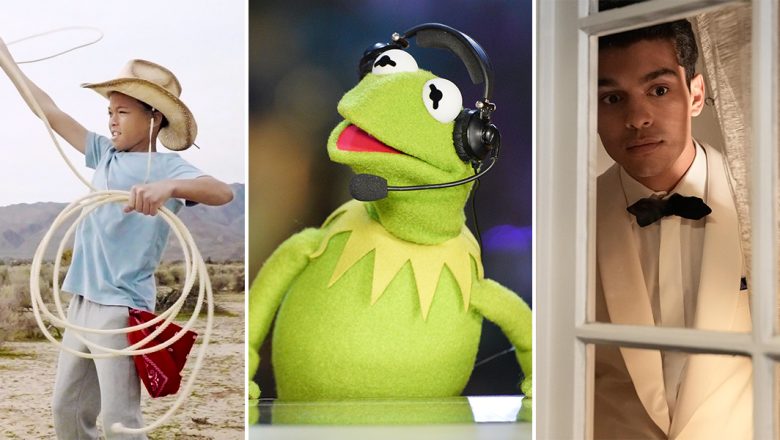The Hernandez Family reconnects during a series of fun games on a journey in the desert on the series Family Reboot. A child wearing a cowboy hat uses a lasso while standing in the desert alongside his mother who also has a lasso., A close-up photo of Kermit the Frog sitting at the broadcast desk on Holey Moley. He is wearing a headset and looking at one of his cohosts., Rahim (Anthony Keyvan) looks out the window while wearing a white suit and black tie in an episode of Love, Victor.