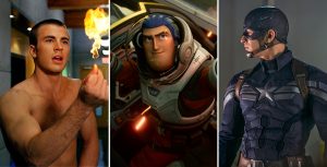 A shirtless Chris Evans snaps his fingers and produces a flame as Johnny Storm aka The Human Torch in Fantastic Four; Buzz Lightyear, voiced by Chris Evans, looks to the sky and shoots a flare gun in Lightyear; Chris Evans, wearing his navy blue and silver Captain America uniform and helmet, surveys the scene in Captain America: The Winter Soldier.