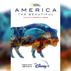 In the poster for the National Geographic series America the Beautiful, the images of a mountain range and various animals—including a bear, an eagle, and a wolf—are seen within the silhouette of a buffalo that is set against a white background. The title of the series is above the silhouette.