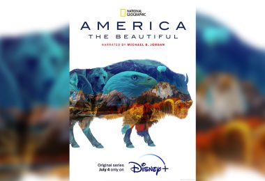 In the poster for the National Geographic series America the Beautiful, the images of a mountain range and various animals—including a bear, an eagle, and a wolf—are seen within the silhouette of a buffalo that is set against a white background. The title of the series is above the silhouette.