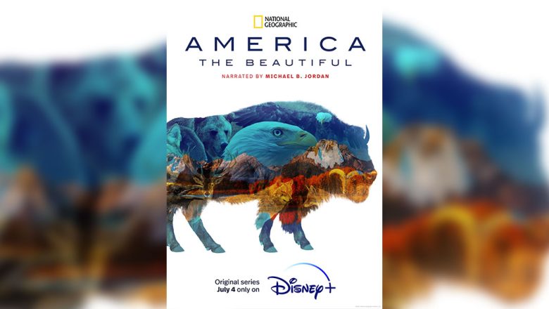 In the poster for the National Geographic series America the Beautiful, the images of a mountain range and various animals—including a bear, an eagle, and a wolf—are seen within the silhouette of a buffalo that is set against a white background. The title of the series is above the silhouette.