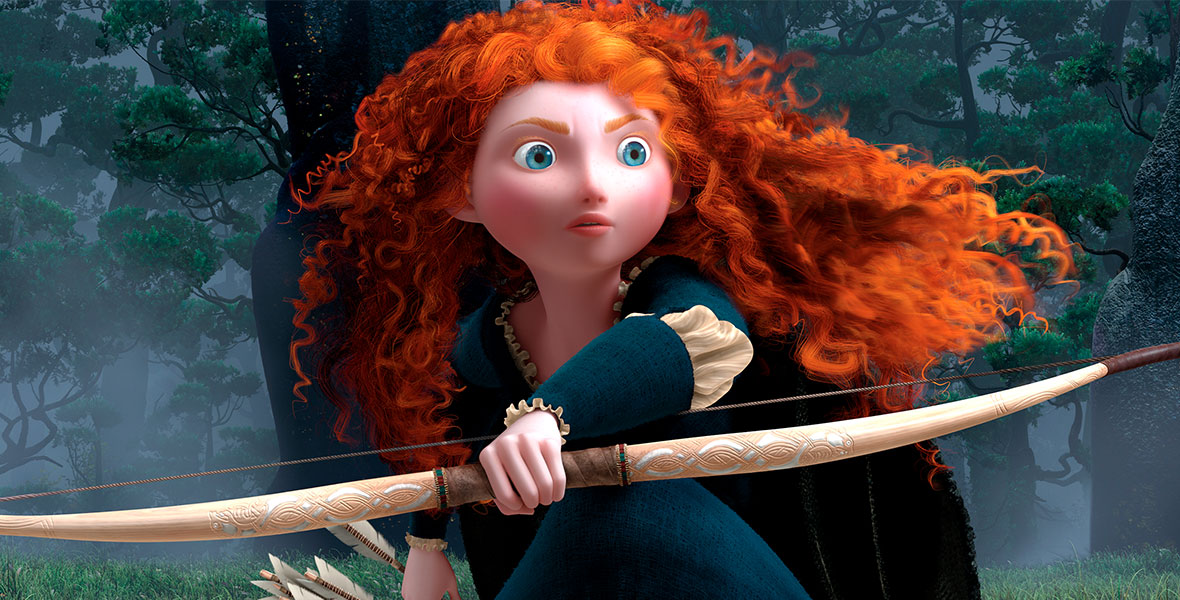 Merida (voiced by Kelly Macdonald) holds her archery bow in front of her body in the animated film Brave.