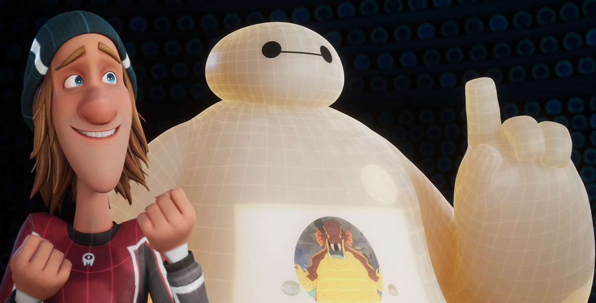 Baymax (voiced by Scott Adsit) stands next to Fred (voiced by Brooks Wheelan) who looks on excitedly from the shorts Baymax Dreams.