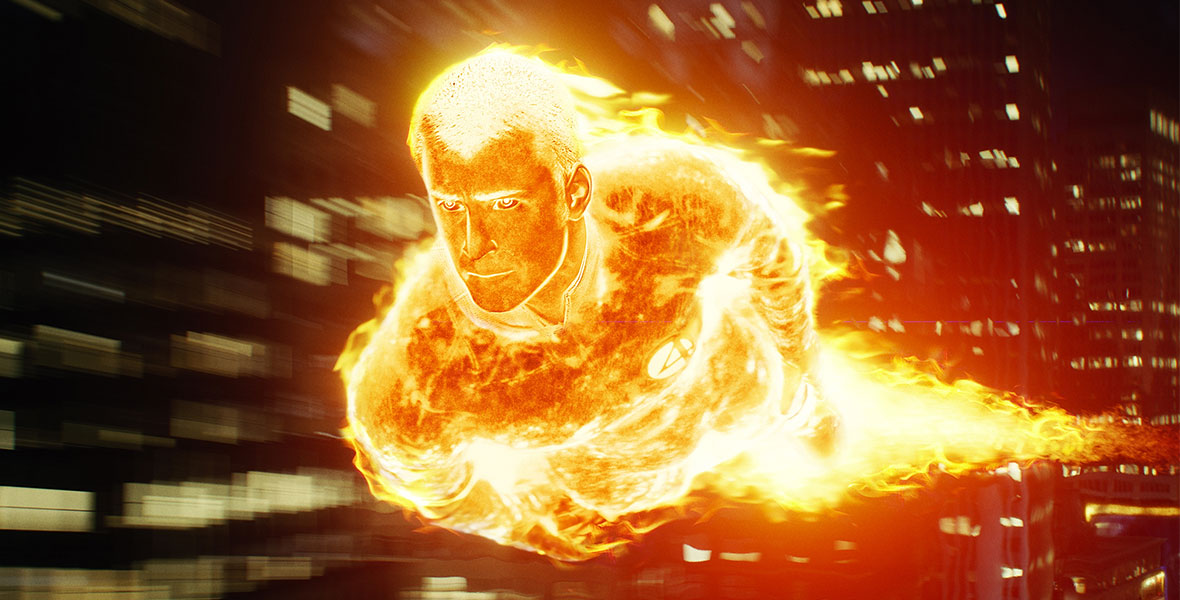 Chris Evans, fully engulfed by flames as Johnny Storm aka The Human Torch, flies through the sky in Fantastic Four.