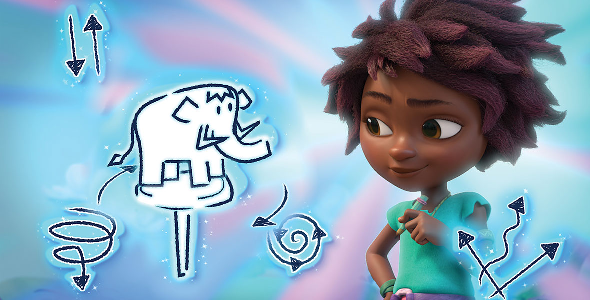 Against a pastel blue and pink background is Eureka, a young girl, standing on the right side and looking at drawings of an invention to clean her pet woolly mammoth on Disney Junior’s series Eureka!