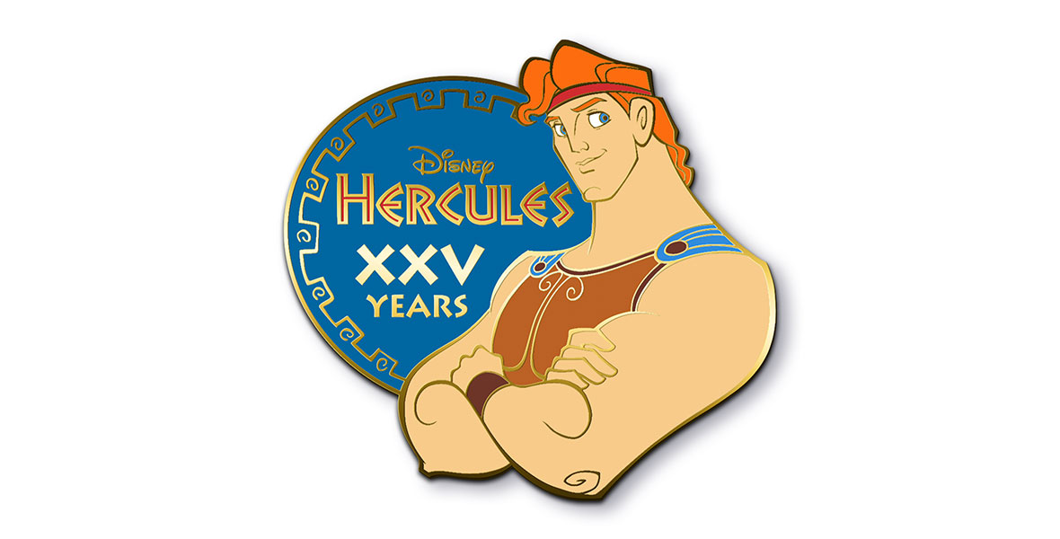An enamel pin of Hercules, with his arms crossed and a confident expression on his face. To his left is a blue shield with the words “Disney Hercules XXV YEARS” on it.