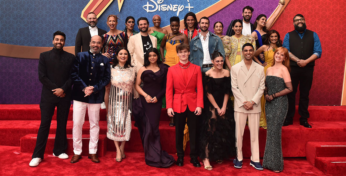 The cast and crew of Ms. Marvel gathers for a picture on the red carpet for the series premiere at the historic El Capitan Theatre in Hollywood.