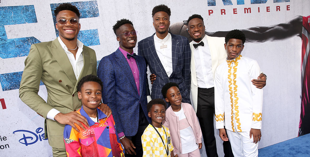 The Antetokounmpo brothers (Giannis, Alex, Kostas, and Thanasis) pose with the young actors who portray them in “Rise”: McColm Cephas Jr., Aaron Kingsley Adetola, and Chinua Baraka Payne