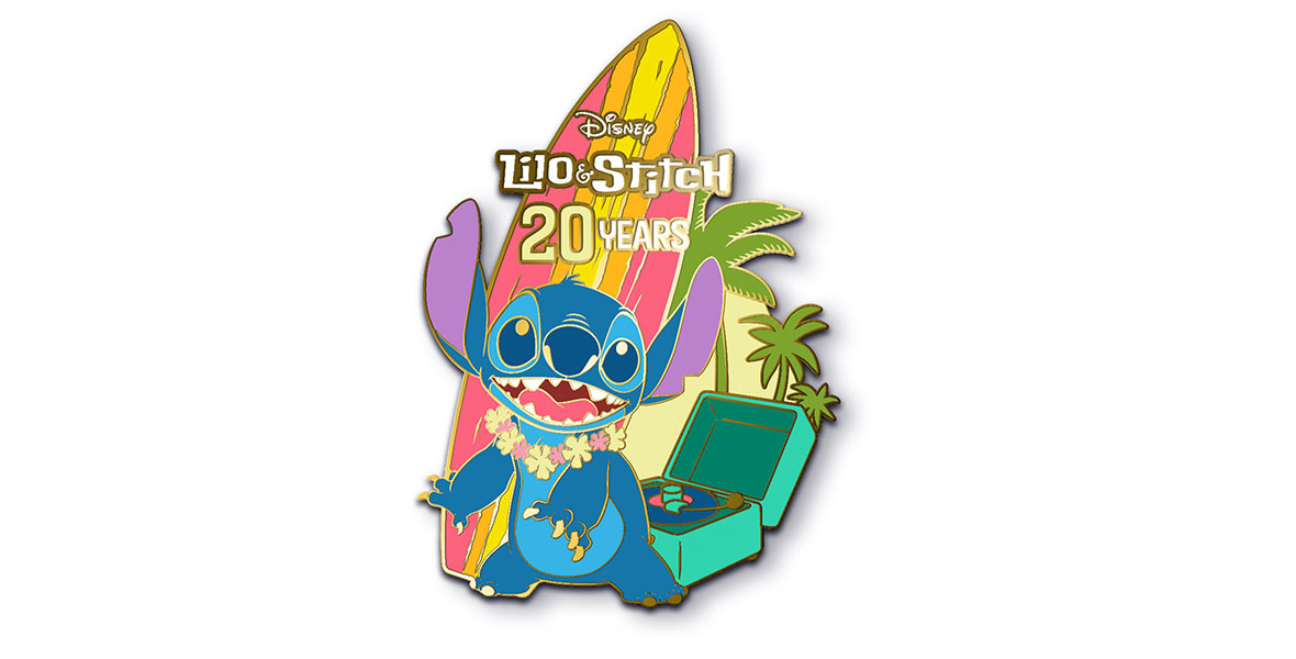 An enamel pin featuring Stitch standing in front of a red and yellow surfboard and a teal record player. The text above him reads “Disney Lilo & Stitch 20 years”