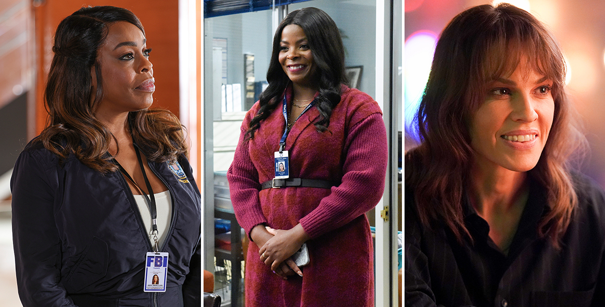 Side-by-side images of Niecy Nash-Betts in a still from ABC’s The Rookie: Feds; Janelle James, wearing a burgundy sweater, in a still from ABC’s Abbott Elementary; and Hilary Swank in a still from ABC’s Alaska Daily.