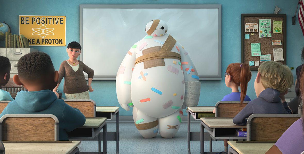 Baymax stands in front of a classroom of elementary school students while covered in colorful band-aids, in a still from the Walt Disney Animation Studios series Baymax!