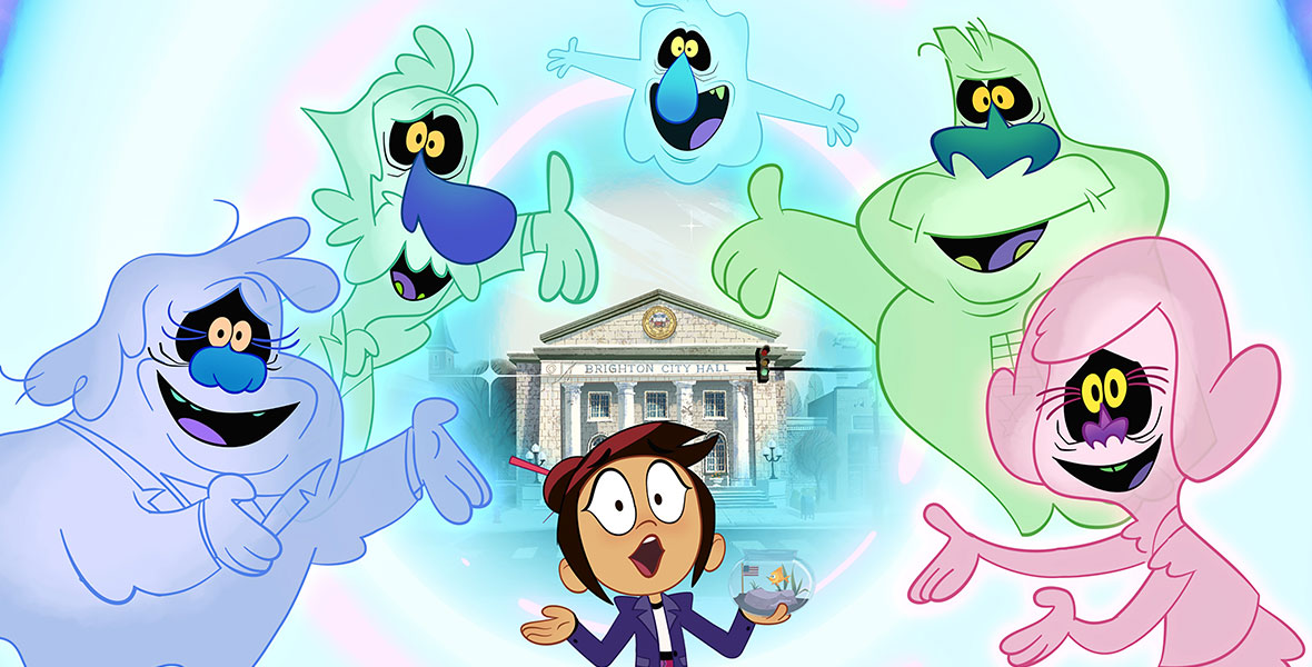 Molly (voiced by Ashly Burch) is surrounded by ghosts with city hall seen in the distance from Disney Channel’s The Ghost and Molly McGee.