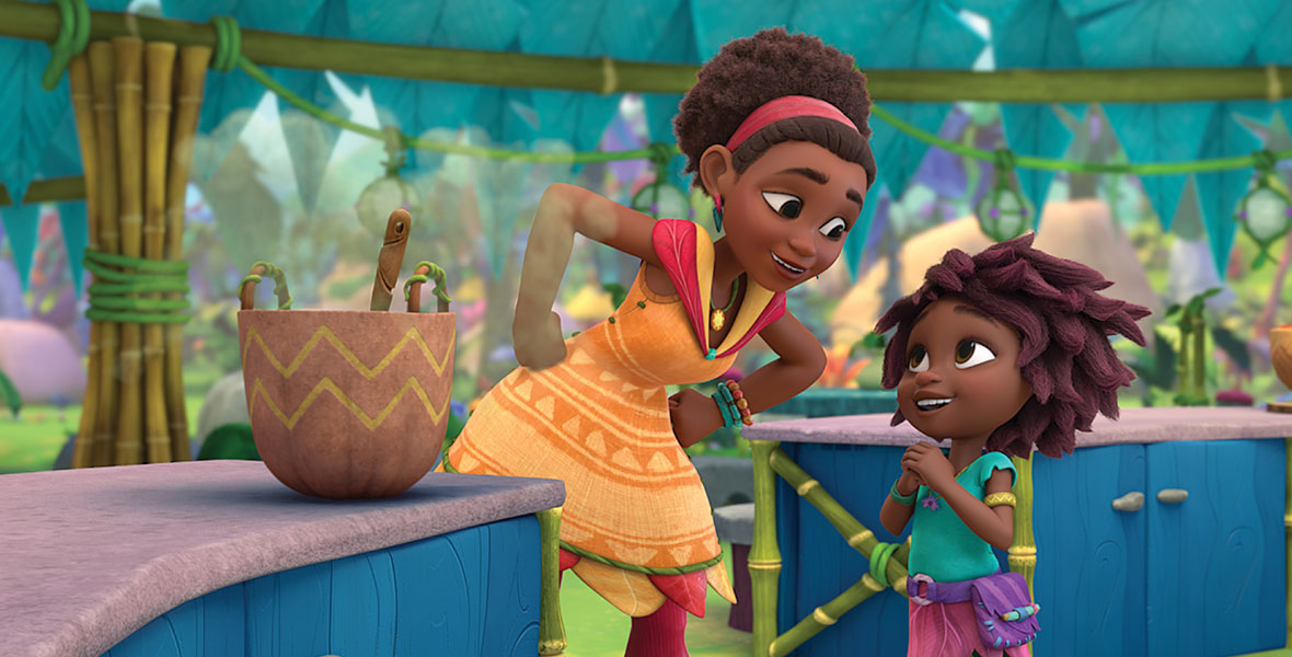 Roxy crouches to sing to Eureka in the family’s brightly-decorated kitchen in Disney Junior’s Eureka!