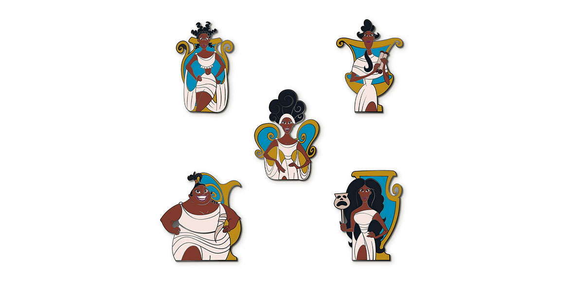 The five muses from Hercules depicted as enamel pins. Each is on a background of a gold and blue Grecian vase. The upper right corner Muse, Terpsichore, is holding a scroll in her hands. The lower right Muse, Melpomene, is holding a frowning dramatic arts mask.