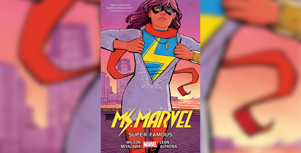 Cover image of Ms. Marvel from the first issue of the comic series that ran from 2015 to 2019. We see Kamala Khan ready for action as she sheds her everyday attire to embody her alter ego Ms. Marvel.