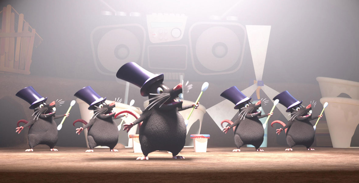 Five grey rats don purple top hats and use cotton swabs for canes while performing a dance routine in the Hulu Original series Madagascar: A Little Wild.