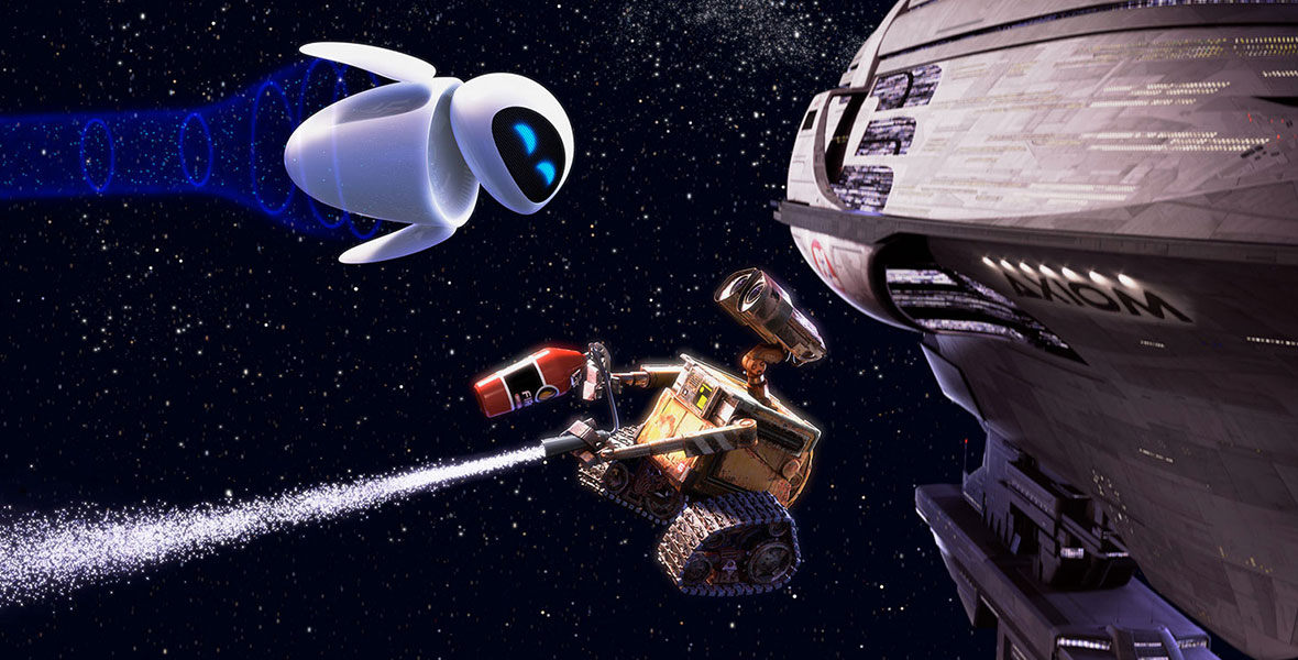 EVE (voiced by Elissa Knight) and WALL-E (voiced by Ben Burtt) float in space  after he uses a fire extinguisher to propel himself.