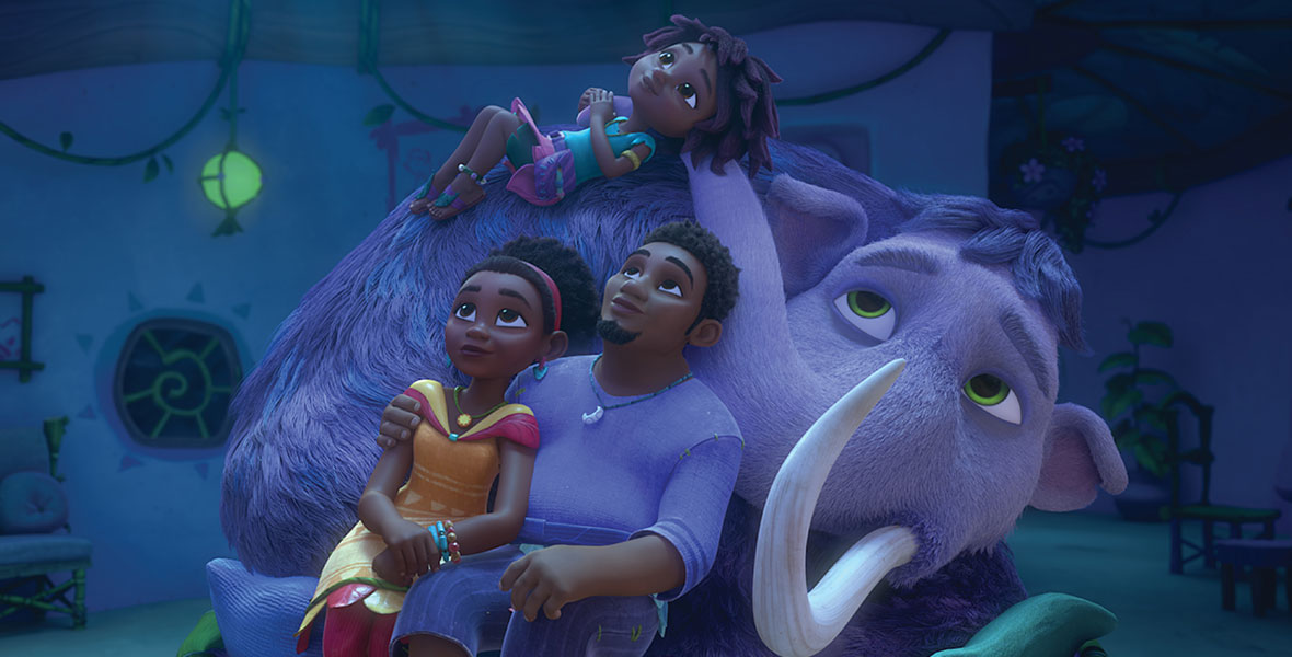 Roxy, Rollo, and Eureka cuddle up around the family’s pet woolly mammoth while looking up at the stars in Disney Junior’s Eureka!