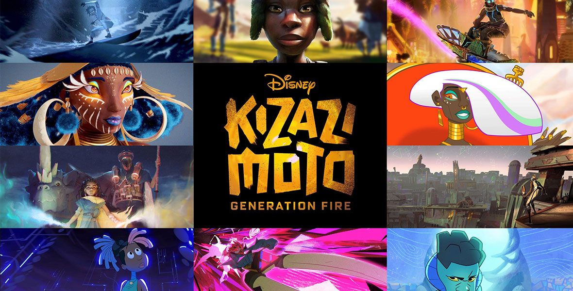 A colorful promotional image for the Disney+ African sci-fi anthology series Kizazi Moto: Generation Fire; the logo for the series is at the center, and 10 stills from the animated shorts in the series are seen around the logo, in all different kinds of animations styles.