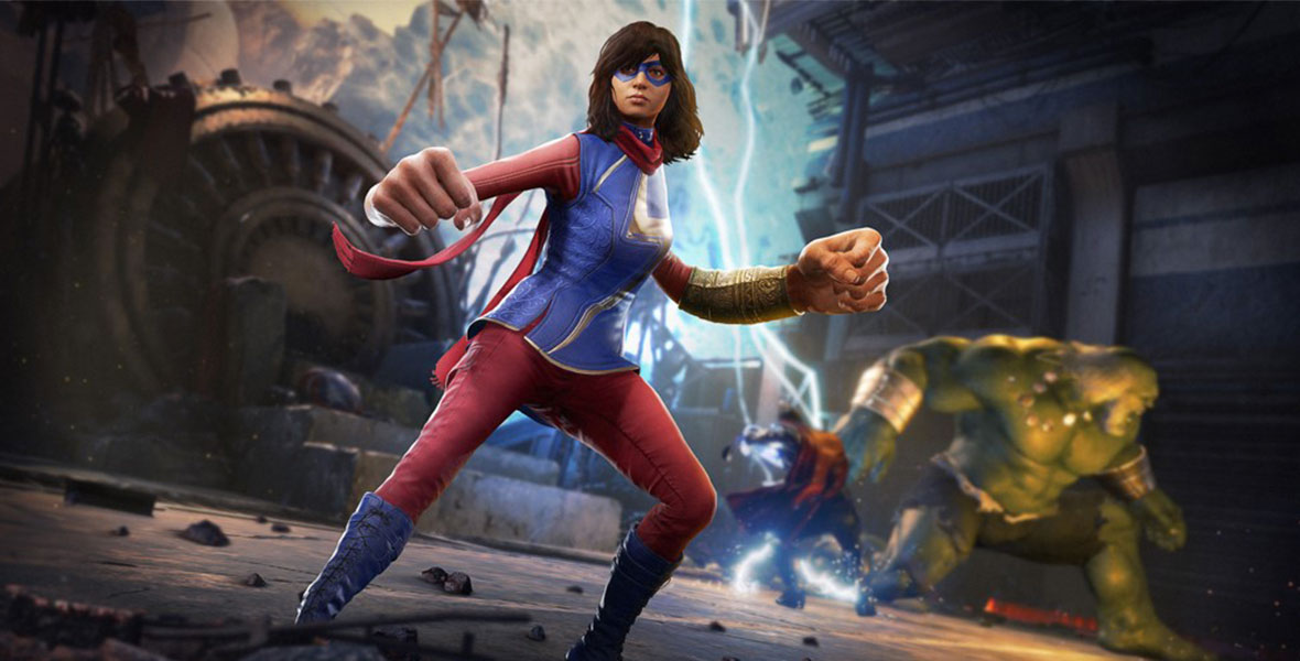 Ms. Marvel stands poised for battle, alongside fellow Avengers including The Hulk, in an image from the video game Marvel’s Avengers.