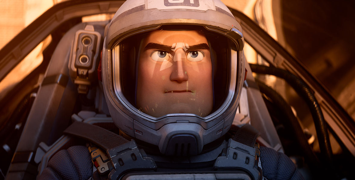 Buzz Lightyear (voiced by Chris Evans) sits in the cockpit as he awaits launch in the feature film Lightyear.