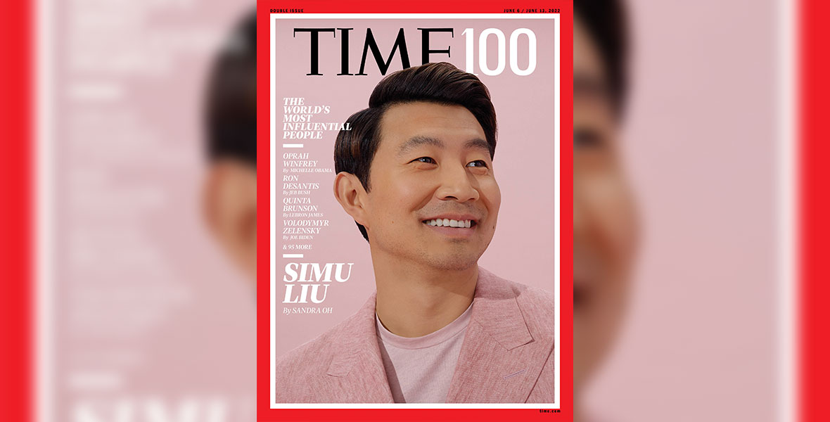 Cover art from TIME 100 special covers featuring actor Simu Liu wearing a pink suit.