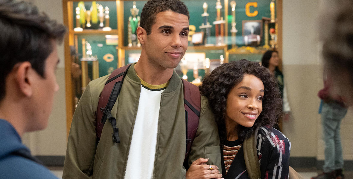 Andrew (Mason Gooding) and Mia (Rachel Hilson) reunite with their friends at school in season three of Love, Victor.