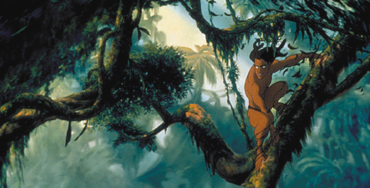 Tarzan (voiced by Tony Goldwyn) stands on a tree branch like a surfer in a jungle abundant with luscious foliage in the animated feature film Tarzan.