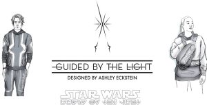 Logo for Guided by the Light collection, designed by Ashley Eckstein. Features black and white sketched concept art of a man wearing a stylized hooded jacket and matching pants on the left. On the right there is a woman wearing a Star Wars branded jacket and shoulder bag that reads &ldquo;Star Wars&rdquo; in English and Aurebesh. The same &ldquo;Star Wars&rdquo; logo in English and Aurebesh is below the collection logo.&nbsp;
