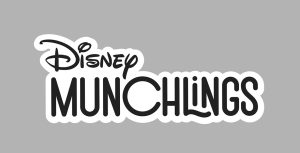 Logo for Disney Munchlings collection. The classic Waltograph Disney logo is above the new, playful “Muchlings” logo, which has “MUNCH” in capital letters and “lings” in smaller typeface.