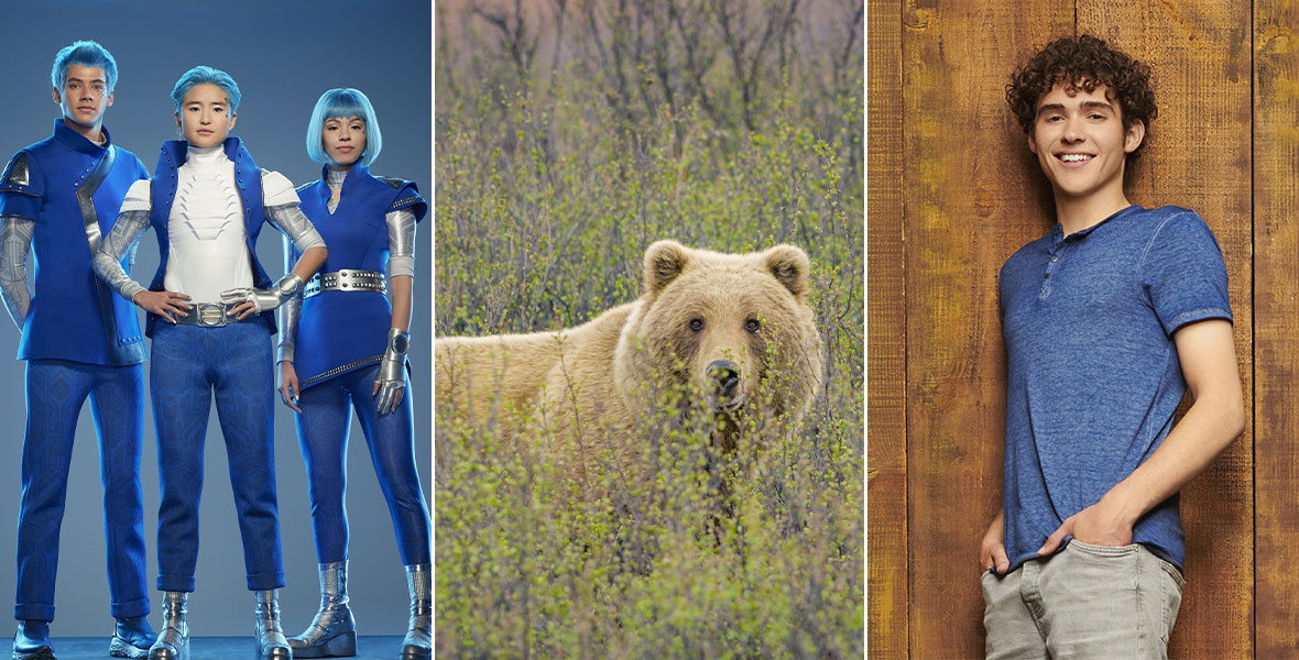 Left: Matt Cornett stars as A-Lan in ZOMBIES 3; he has blue hair and wears a blue and silver outfit against a silvery blue background. Middle: A bear traipses through a field, partially obscured by the plant life, in America the Beautiful. Right: Joshua Bassett stars as Ricky in High School Musical: The Musical: The Series; in this promotional picture for season three, he wears a blue Henley tee and stands against a brown background. He is smiling directly into the camera.