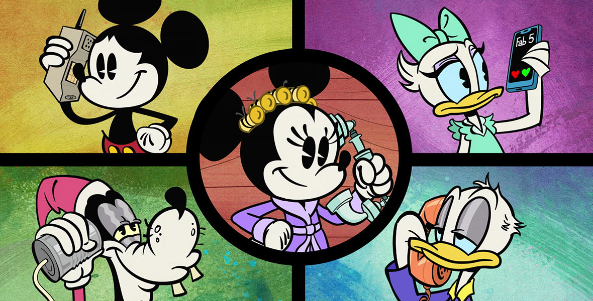 (Clockwise from top left) In a scene from The Wonderful Summer of Mickey Mouse, Mickey Mouse, Daisy Duck, Donald Duck, and Goofy listen to their phones—an outdated model for Mickey, a smartphone for Daisy, a landline for Donald, and a tin can for Goofy. Minnie Mouse, wearing curlers and a purple robe, is in the center and speaking into her rotary phone.