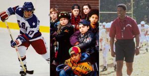 A stirring mid-action scene showcases three members of the 1980 Winter Olympics men&rsquo;s hockey team on the ice with the puck in their possession. Emilio Estevez, who stars in The Mighty Ducks, stands in sunglasses and office attire with the cast of relative newcomers try to look tough. Denzel Washington, playing coach Herman Boone, in Remember the Titans stands smiling in a red polo, black shorts with a whistle around his neck as football players dressed in white uniforms practice.