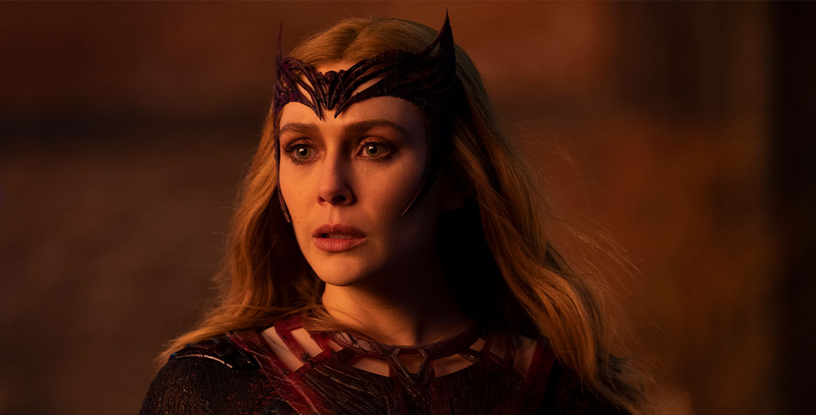 Close-up still of Elizabeth Olsen as Wanda Maximoff aka The Scarlett Witch in Doctor Strange in the Multiverse of Madness.