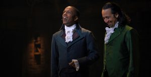 Leslie Odom Jr. as Aaron Burr and Lin-Manuel Miranda as Alexander Hamilton a filmed performance of the Broadway musical Hamilton